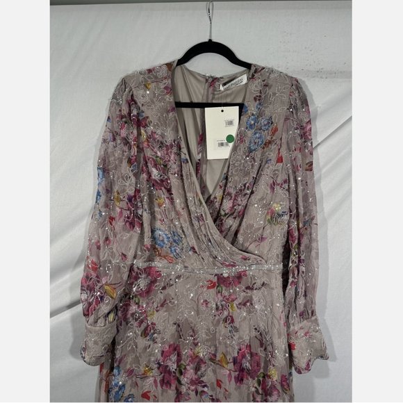 NWT $498 Mac Duggal [ 18 ] Floral Embellished Long Sleeve Midi Dress Mauve‎ - Picture 4 of 16